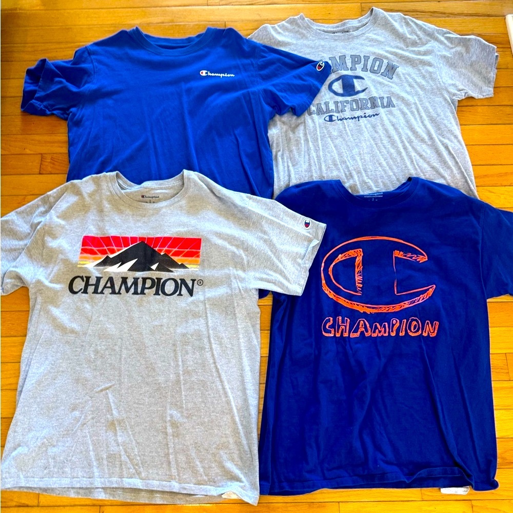 Champion Graphic T-Shirts in Blue and Gray size Large All four shirts for 25.